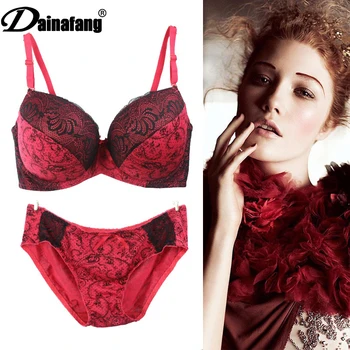

Dainafang Intimate Women Bra Set Lace Printing Push Up Bra Brief Set Sexy 3/4 Plus Size Seamless Embroidery Underwear