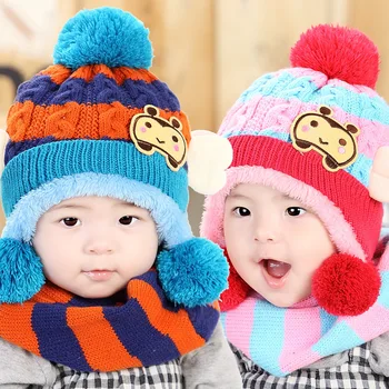 

Baby Hats Scarf Set Boy Girl Winter Warm Knitted Hat & Scarf Set 2pcs Infant Boy Girl Pom Pom Cap Children Ball Hats Scarves