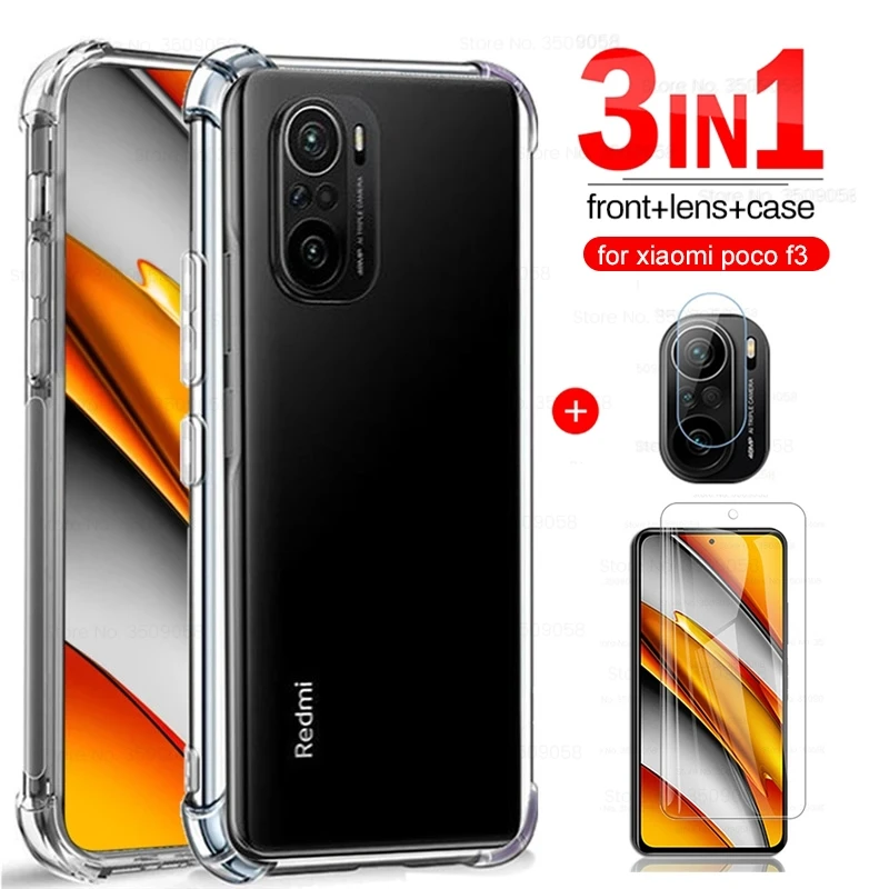 Funda de silicona transparente a prueba de golpes para poco f3, cristal templado, pocof3, poxo, poco f 3, 3f, protección para el lente de la cámara