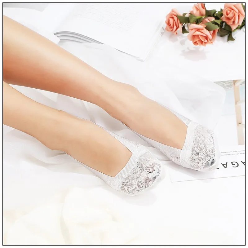 4Pair/lot=8pieces Lace-side Jacquard Shallow Mouth Women Socks Silicone Non-slip Odor-Resistant Female Boat Socks