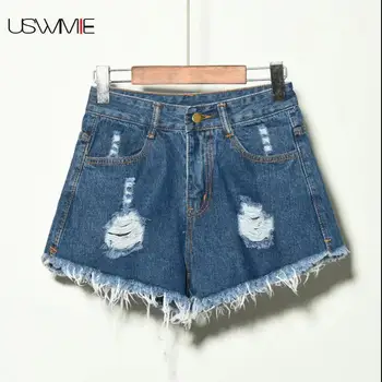 

High Waist Shorts Summerleisure Sexy Simple Hole Breaking Irregular Black Casual Denim 6xl Pockets Plus Size Stretchy Shorts