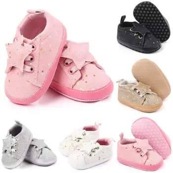 

Baby Boy Girl White Sneakers Pram Shoes Infant Trainers Size Newborn to 18 Month First Walkers