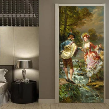 

European Style 3D Oil Painting Figure Door Sticker Living Room Bedroom Self-Adhesive Waterproof Wall Sticker Home Decor 3D Decal