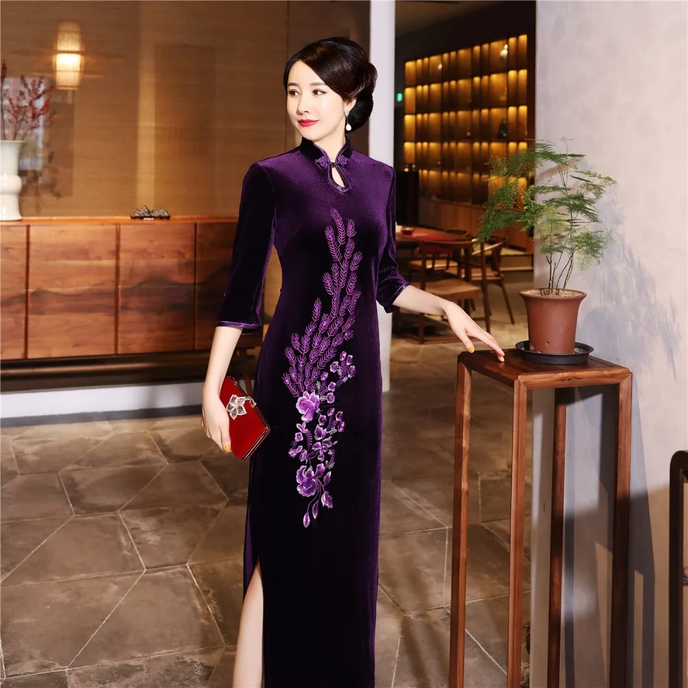 Шанхай история бархат Cheongsam китайское платье вышивка Qipao длинное