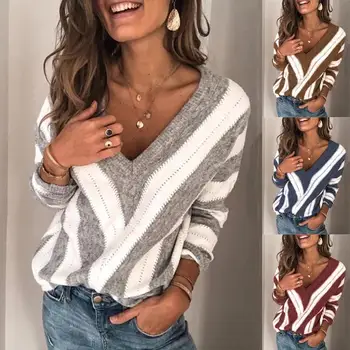 

Winter Women Sweater Deep V-neck Loose Contrast Color Casual Oversized Sweater Stripe Female Keep Warm Pullover Knitwear Tops