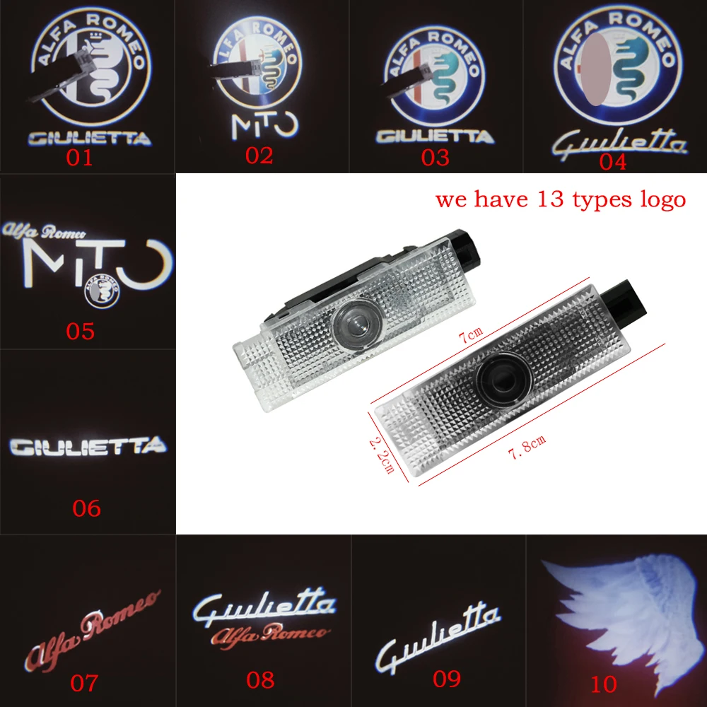 

2Pcs New fashion LED Car Door Welcome Light Logo Projector for Alfa Romeo Giulia Giulietta Mito Stelvio Brera 147 156 159