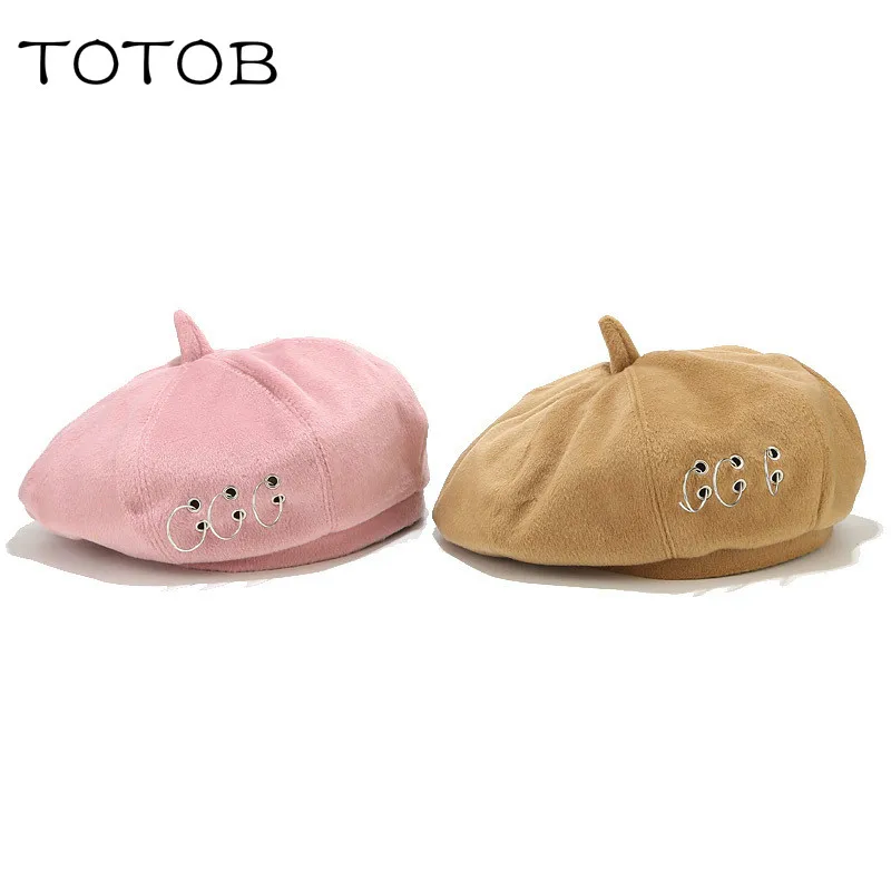 Женская корейская шляпа с тремя кольцами, шляпа художника, британский стиль, железное кольцо, берет, женская осенняя и зимняя шерстяная шляпа в стиле ретро