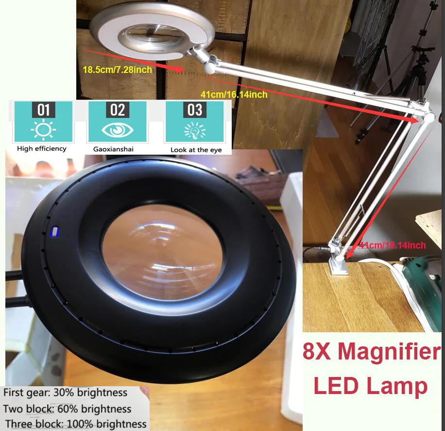 Светодиодный 8X лупа лампа, поворотный зажим на руку Настольный светильник для ремонта косметологический зажим красота уход за кожей Маникюр стеклянные линзы татуировки