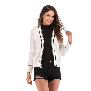 

2019 Women Autumn Long Sleeves Slim Sweater Coat Casual Single Breasted V-Neck Cardigan Knitted Short Solid Sweater
