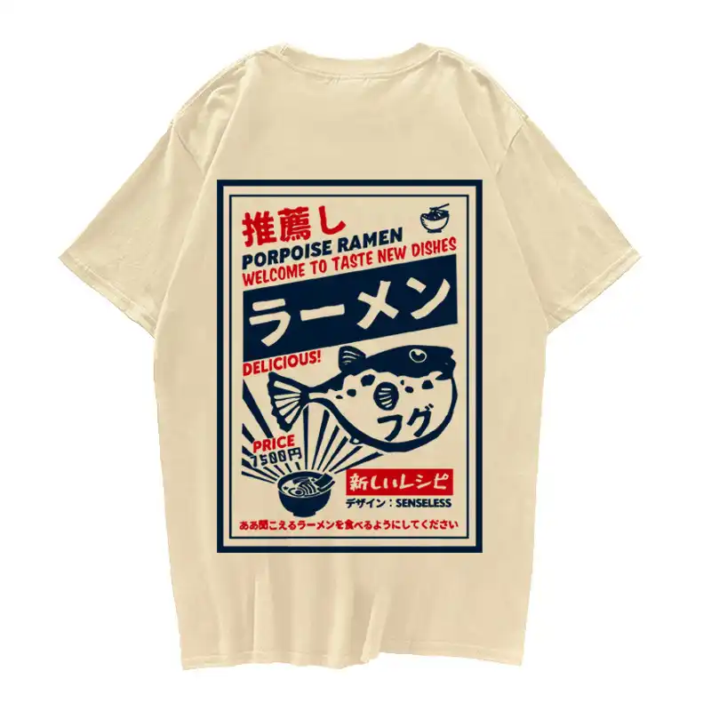 Camiseta masculina de manga curta, estampa de peixe ramen, hip hop, casual, de 2020, verão 100% de algodão camiseta com camiseta