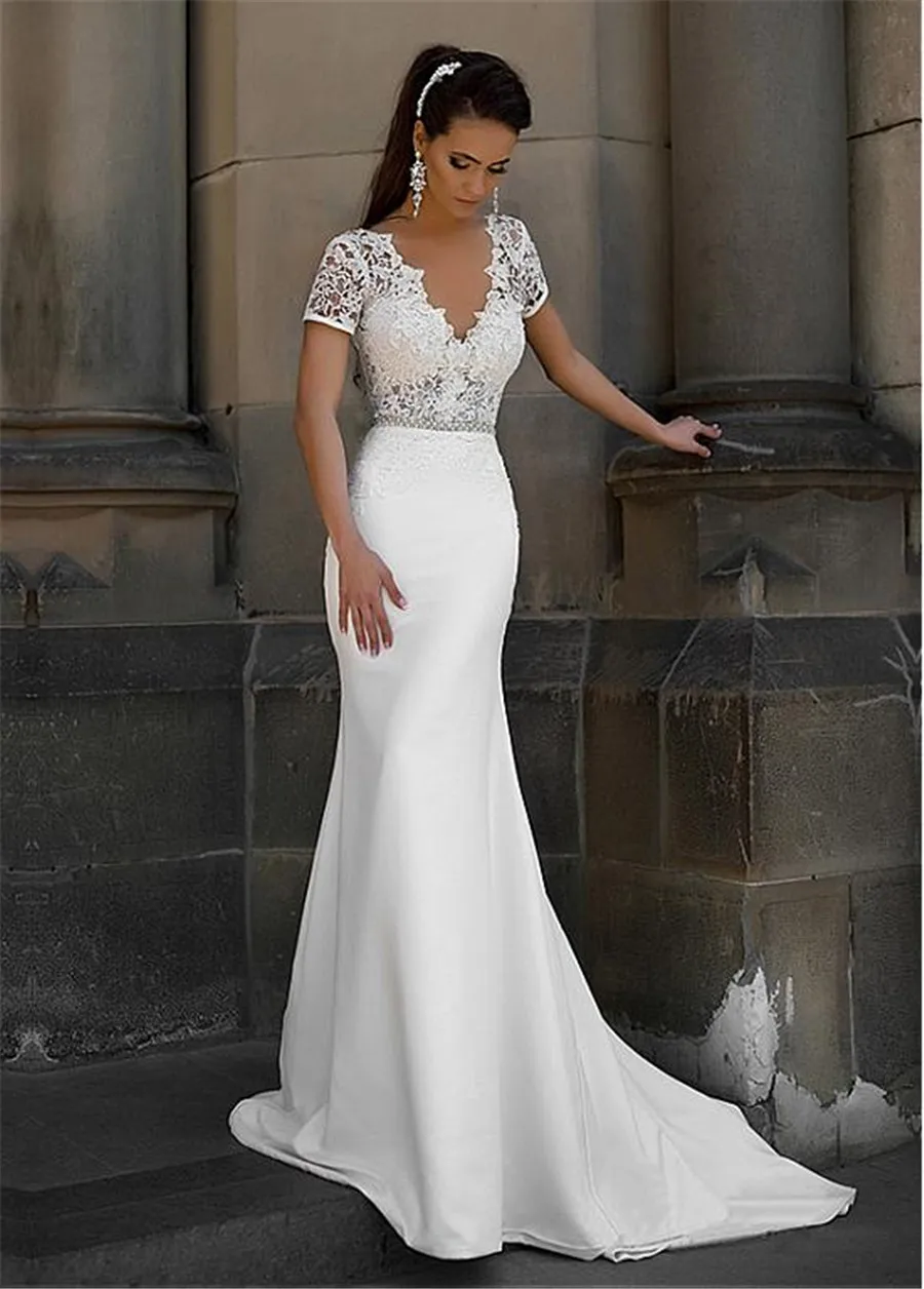 

Lace Short Sleeves Mermaid Wedding Dresses Slim Fishtail Long Fashion Bridal Gowns Amazing Slim Petite Wedding Dress 2020 Cheap