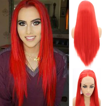 

RONGDUOYI Silky Straight Synthetic Lace Front Wig for Women Heat Resistant Natural Hairline Middle Part Red Long Wig Hair