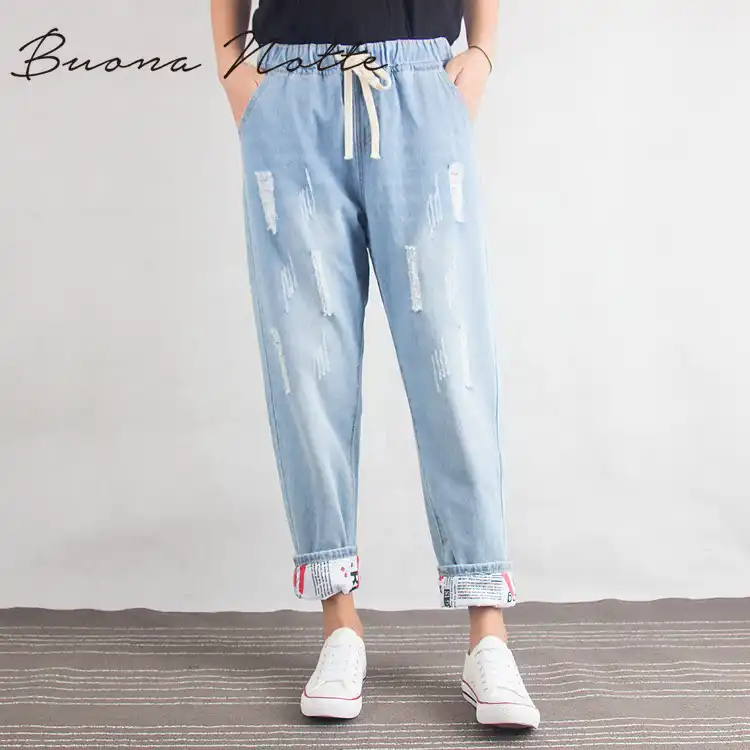 elastic waist pocket light blue shredded jeans