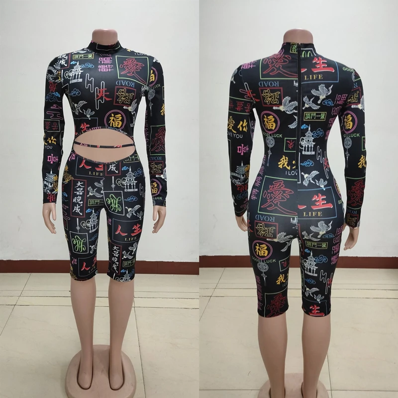 ANJAMANOR Sexy Print Rompers Womens Fashion Spandex One Piece Bodycon Jumpsuit Club Outfits 2020 Clothes for Women D35-AD22