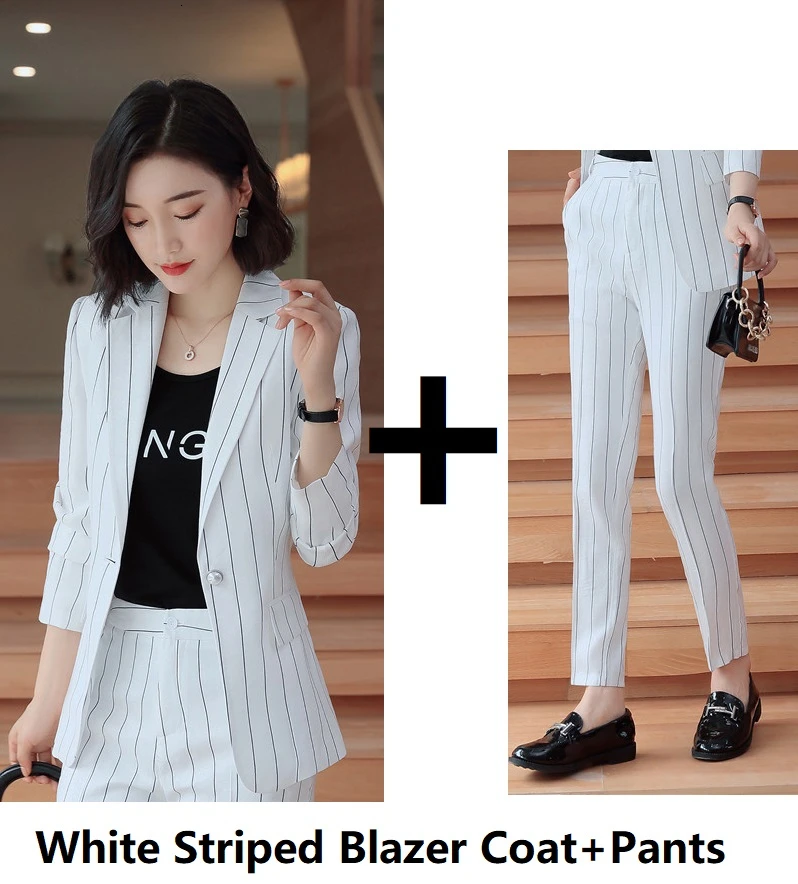 Fashion Striped Spring Autumn Formal Women Business Suits Pantsuits for Ladies Office Blazers with Pants and Jackets OL Styles - Цвет: White