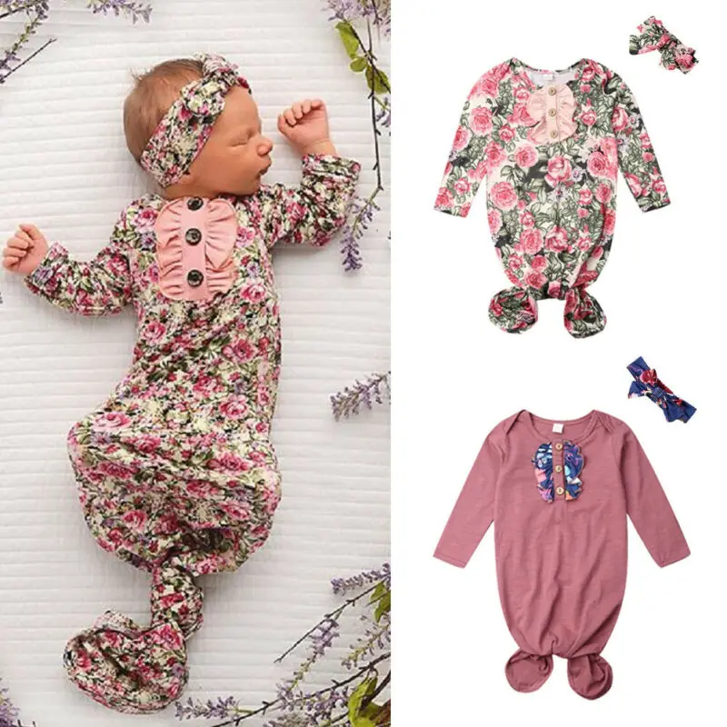 0-6 Months Newborn Baby Sleeping Bags Floral Girls Swaddle Blanket Wrap+Headband Cotton Set | Мать и