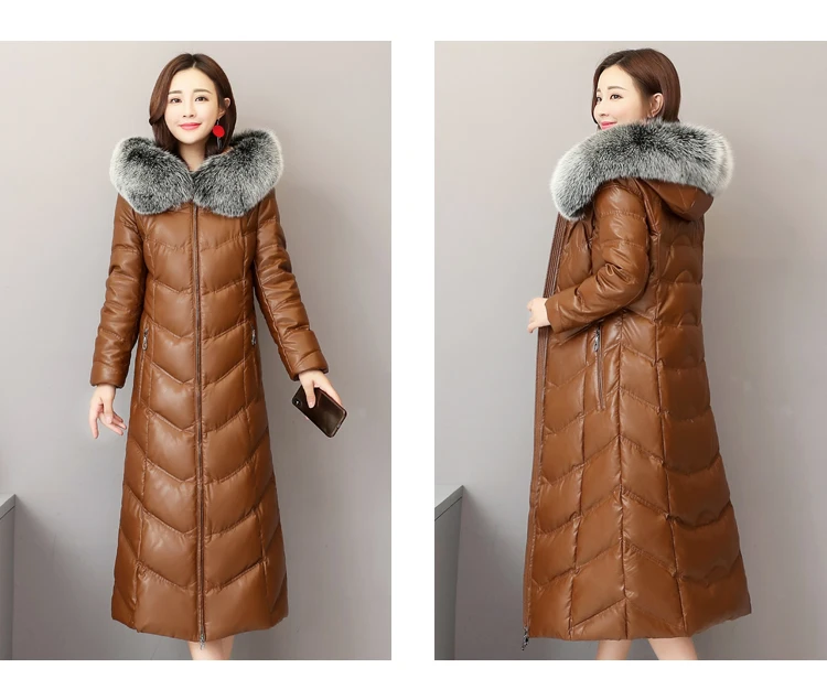 High quality Winter Down jacket Women Sheep Leather fox fur collar Female Hooded Long Coat Thick Slim Plus Size Female Parkas