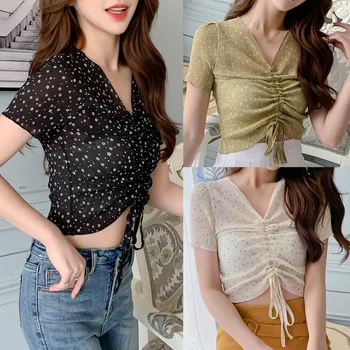 

Casual Lady Fashion Elegant Women Top French Retro V-Neck Short Sleeve Casual Blouse Streetwear Top clothing Leisure blouse