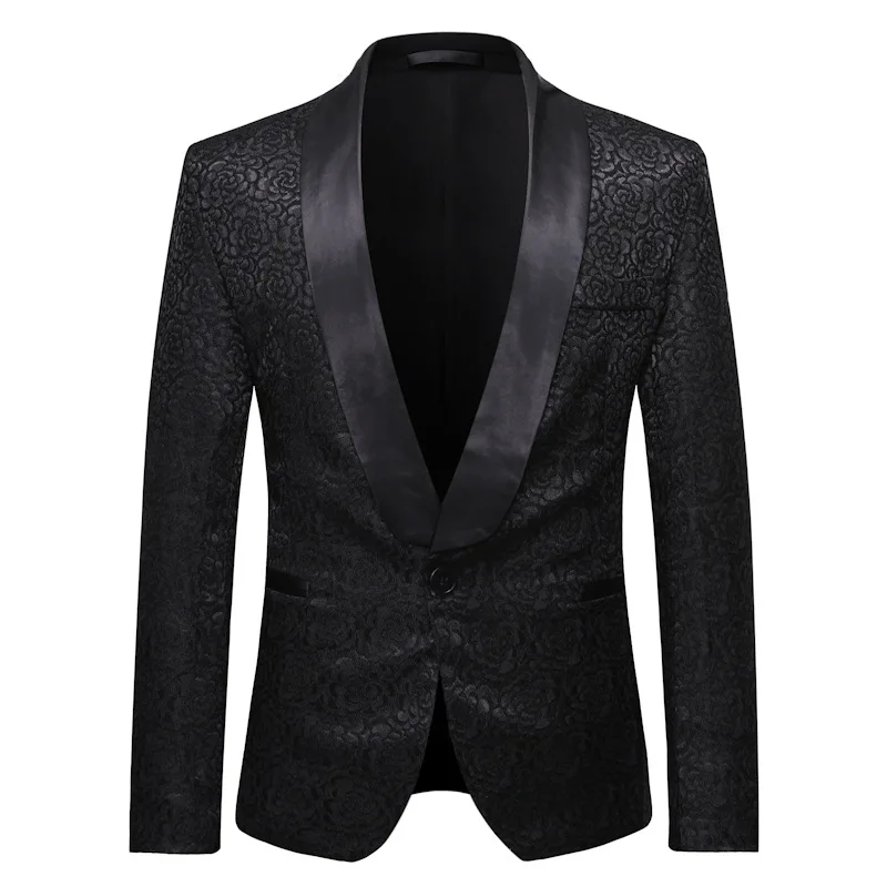 Мужской Жаккардовый Блейзер черный пиджак на одной пуговице с цветами розы