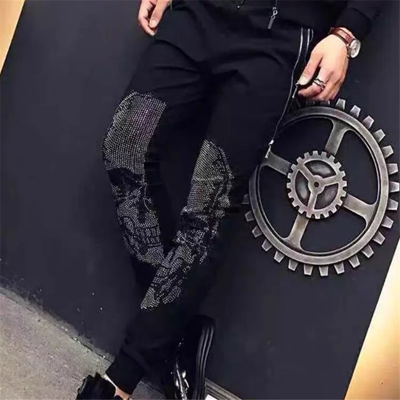 High quality hot drilling skull brand men's casual pants men's dark thin feet design