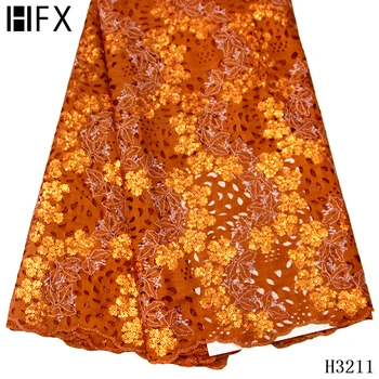 

HFX Burnt Orange French Lace Fabric 2020 Latest African Dry Lace Fabric Embroidery with Sequins for Nigerian Wedding Party F3211
