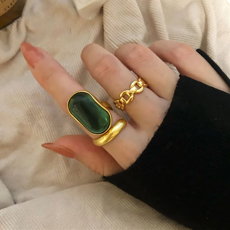 Foxanry Gold Color Wedding Rings Women New Fashion Creative Design Green Stone France Vintage Party Bride Jewelry wedding rings gold rings gold plated rings golden ring