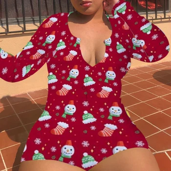 

Comeonlover Christmas Pajamas Long Sleeves Sexy Onsies Pajamas for Woman Plus Size V Neck Sleepsuit Adult Pajamas RE80986