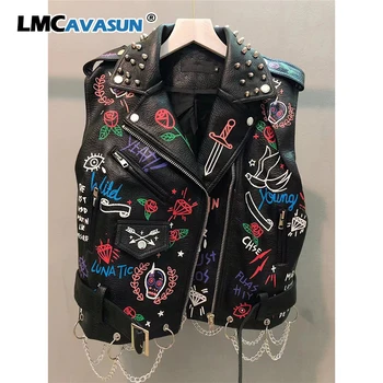 

LMCAVASUN Women's personalized graffiti printed motorcycle leather coat Sleeveless lapel vest with studs Street punk style
