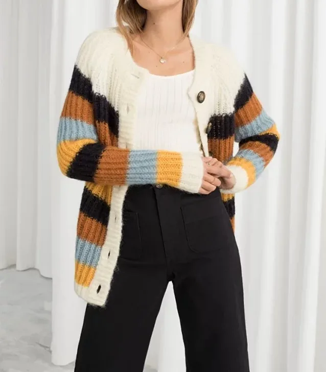 

Stripe Knitted Cardigan Women Loose Knitted Sweater Female Single Breasted Outwear Knitwear Jacket