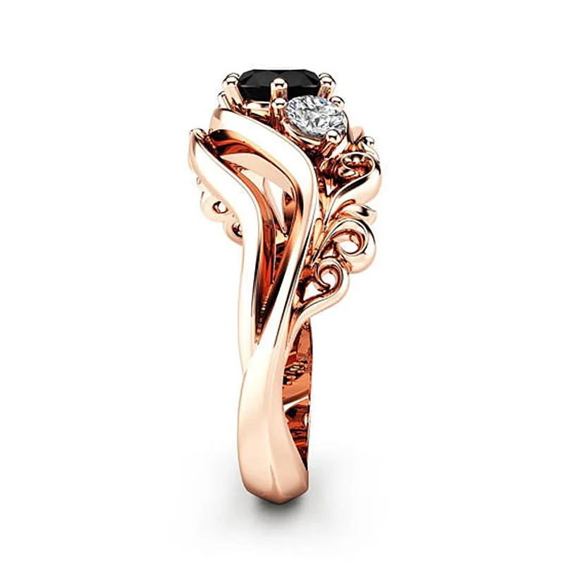 Huitan Witch Ring Unique Black Stone Prong Setting Twist Band Design Rose Gold Color Women Engagement Finger Rings Wholesale