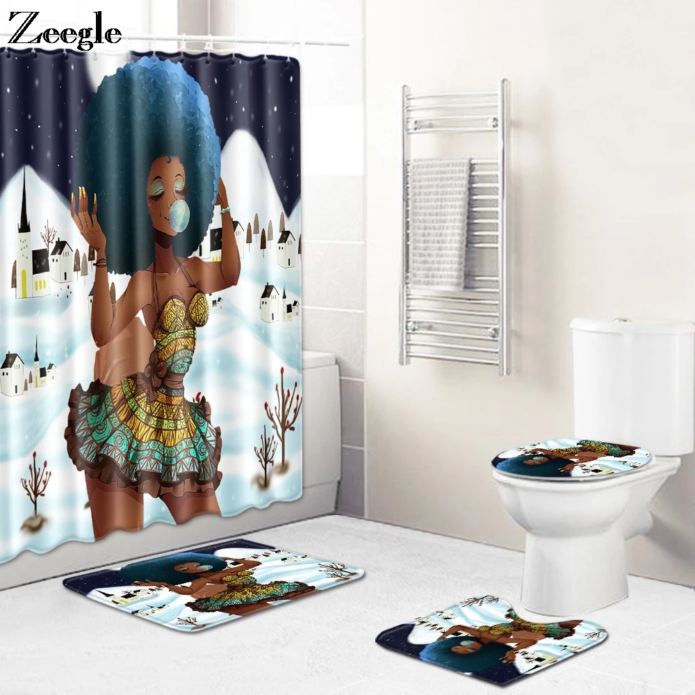 Zeegle Shower Curtain Anti-slip Toilet Cover Seat Mat Soft Toilet Pedestal Rug Bathroom Doormat Bathroom Curtain Shower Mat Set
