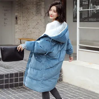 

Chic Long Hooded Corduroy Winter Down Coat Women Oversize Jacket Thick Warm Cotton Padded Wadded Parkas Big Pocket