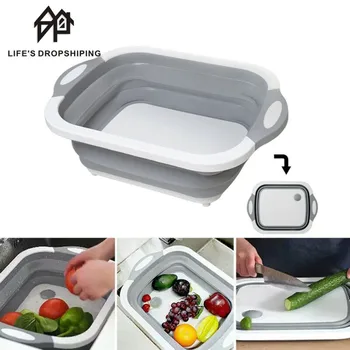 

3 in 1 Multifunction Foldable Cutting Board Kitchen Silicone Cutting Board Fruit Washing Basket With Draining Plug