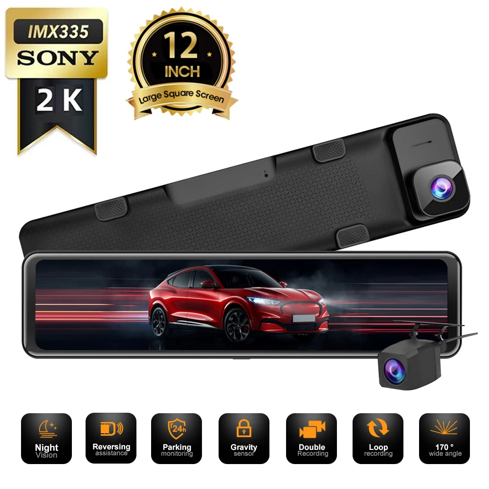 

2K Car Camera IMX 335 Lens 12 inch Recorder Dash Cam Rearview Mirror Registrar GPS Playback Parking Monitoring Time-lapse Video