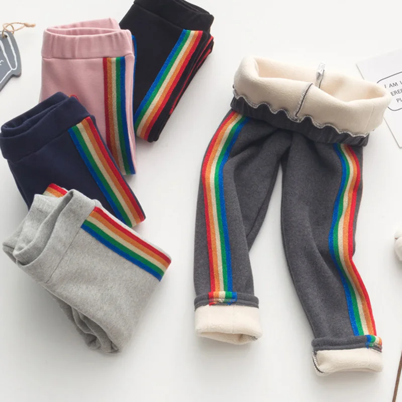 Autumn Winter Girls Leggings Rainbow Leggins Kids Cotton Pants Children Warm Plus Velvet Thicken Trousers Baby Fit For 3-7 Years