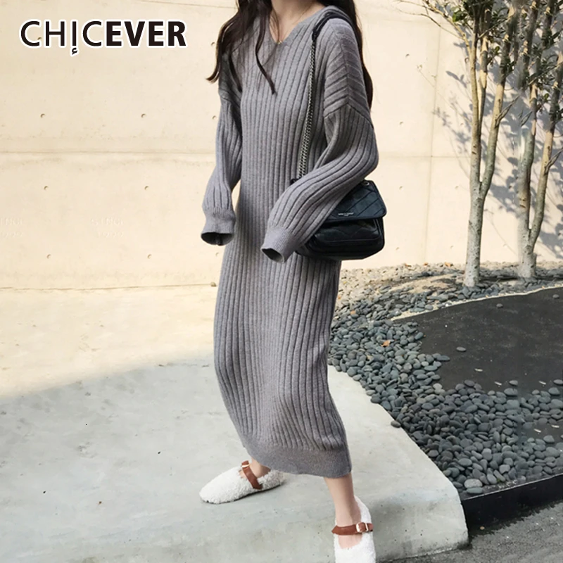 CHICEVER свободное трикотажное женское платье с капюшоном и длинным рукавом