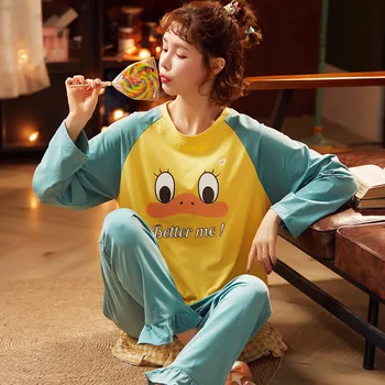 

Pajama Sets Women Cartoon Printed Long Sleeve O-neck Korean Style Comfortable Elegant Leisure Sleepwear Soft Sweet Womens Trendy