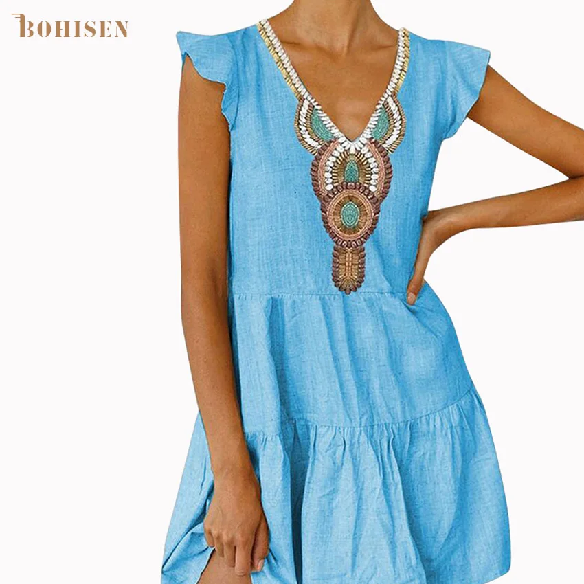 BOHISEN Dashiki African Print Dresses For Women Clothing Sleeveless V-Neck Casual Female Clothes Skirt Formal Dress