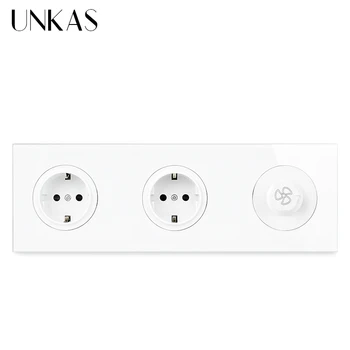 

UNKAS Double EU Wall Power Socket + Female Fan Controller Regulator Switch 258MM*86MM Crystal Glass Panel Speed Modulator Outlet