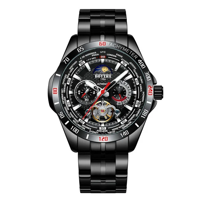 Роскошные мужские автоматические механические Военные часы Tourbillon Moon Phase из нержавеющей стали мужские часы s relogio masculino BOYZHE - Цвет: black