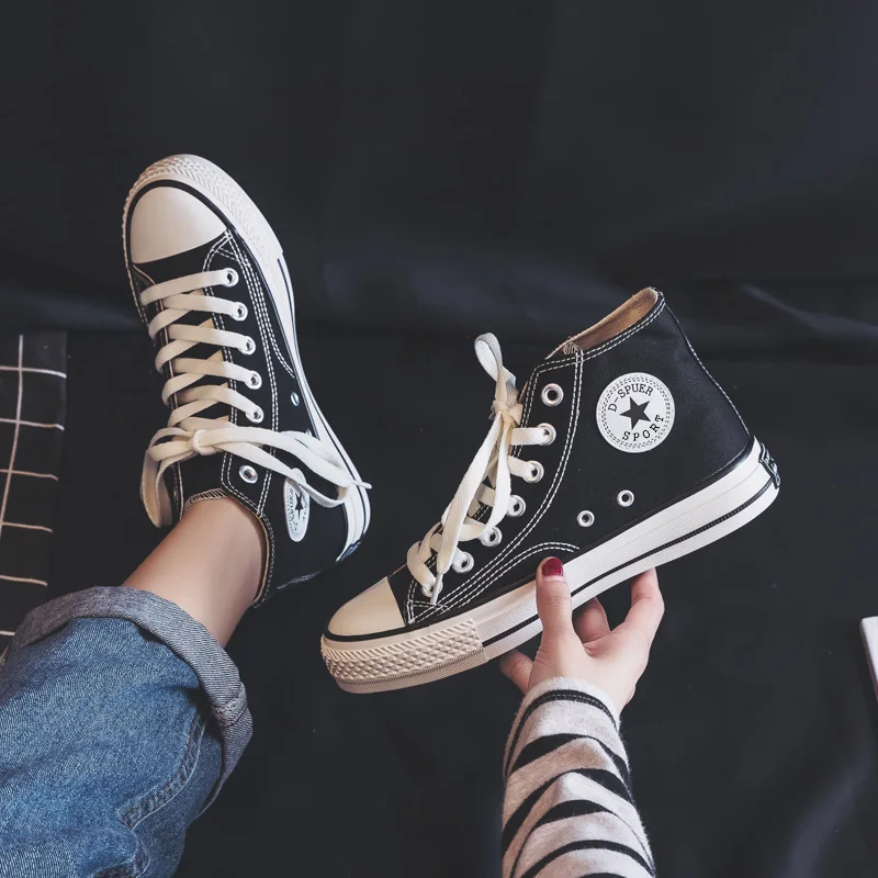 

Fashion Women's Canvas Black Shoes Autumn New Breathable Comfortable Trend Classic Flats High-top Sneakers Casual Shoes Women