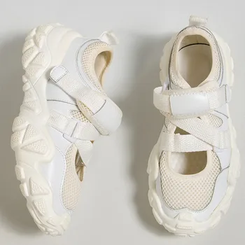 

Fashion White Split Leather Women Chunky Sneakers White Shoes Lace Up Tenis Feminino Zapatos De Mujer Platform Women Casual Shoe