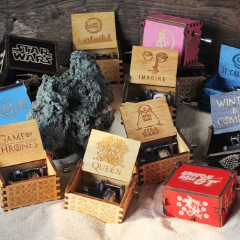 

2019 New Wholesale Queen Music Box Black Star Wars Game Of Thrones Carved Wooden Hand Crank Music Box Christmas Gift Party Gift