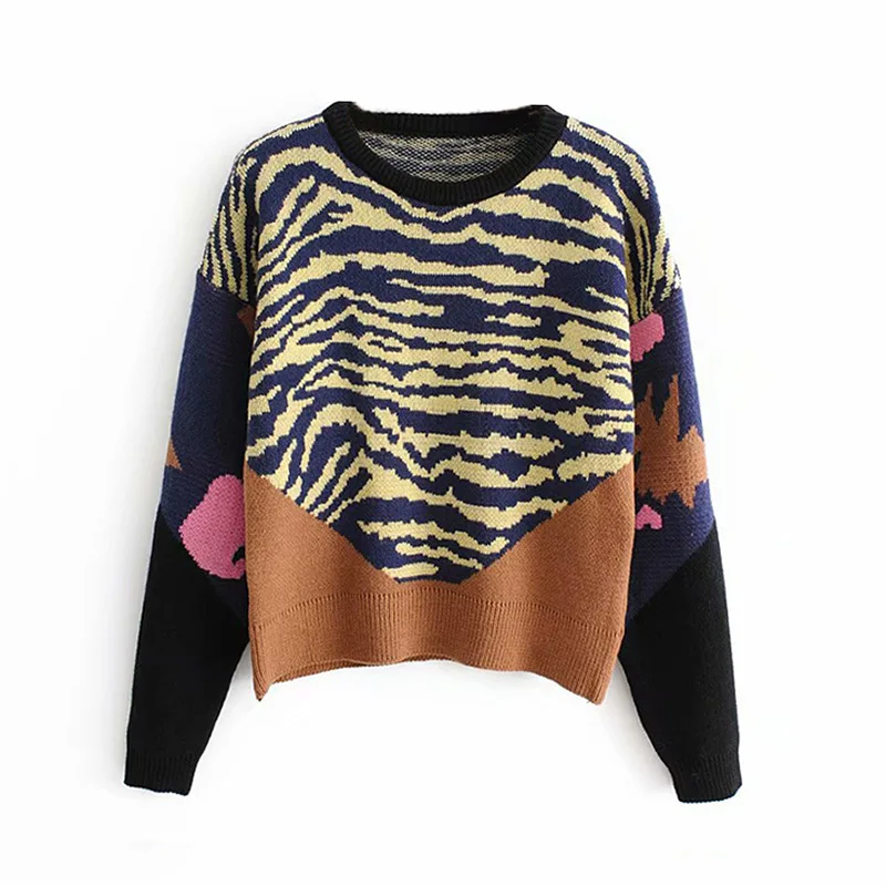 

2020 Fashion Autumn And Winter Hot Sale Cross Border Loose Wild Casual Printing Long-sleeved Knitted Round Neck Ladies Sweater