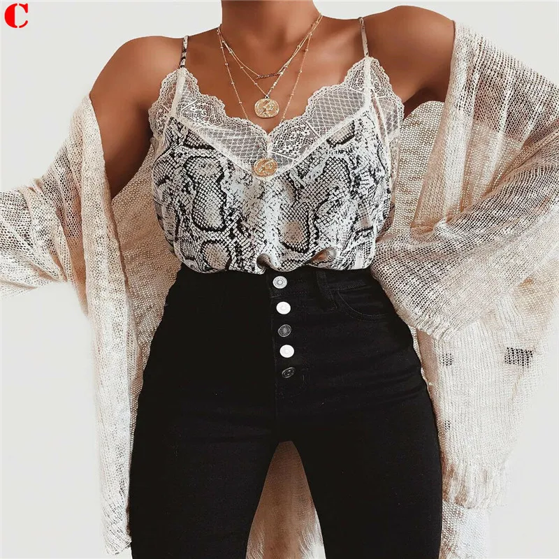 New Fashion Sexy Womens Summer Tanks Tops Cami Camisole Lace Leopard Snake Print Patchwork Female Crop Top Streetwear Clothing - Цвет: C