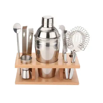 

1Set Cocktail Bartender Bar Set Stainless Steel Bartender Set with Wooden Base Stand Kitchen Accessories Cocktail Bar Tool Set