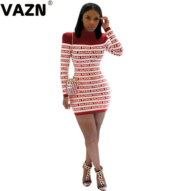 VAZN W-8233, шикарный дизайн, осень, сексуальное женское мини платье, 3 цвета, водолазка, длинный рукав, БУКВЕННОЕ платье, женское уличное платье - Цвет: Бургундия