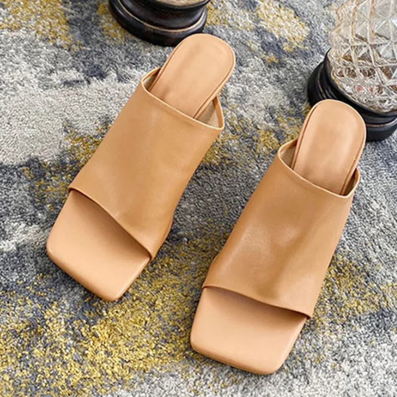

Quality Vintage High Design Square Toe Outdoor Slippers Women PU Leather Sandals Summer New Fashion Party Stiletto Shoes