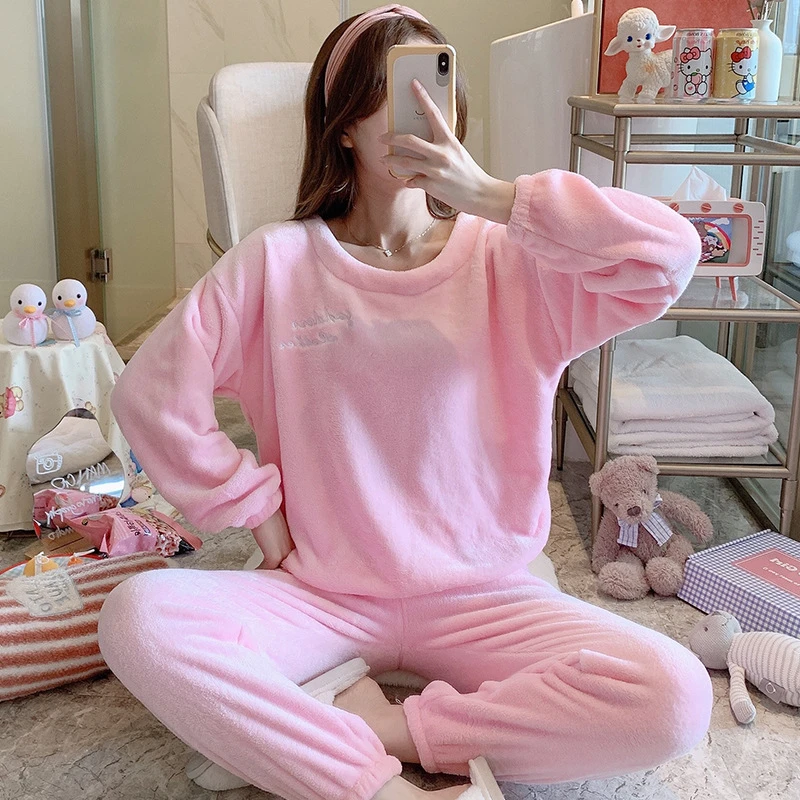 

Autumn and winter ladies coral fleece warm suit long sleeve sweet and cute loose thick ladies pajamas home service suit JJF0104