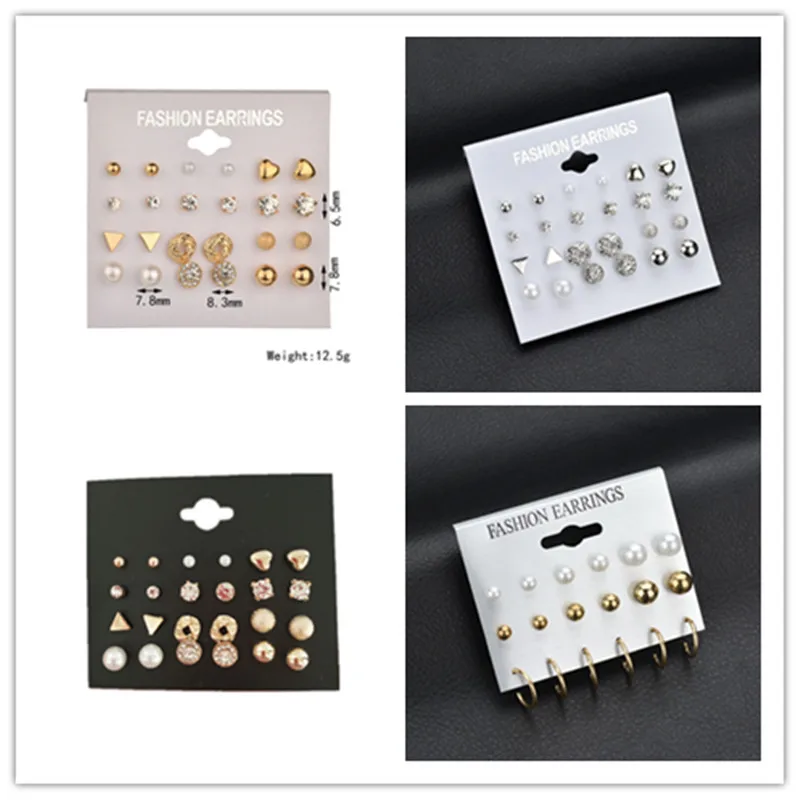 

Fashion Korean Explosions Set Earrings 12 pairs of Square Imitation Zircon Earrings Hearts Studded Earrings